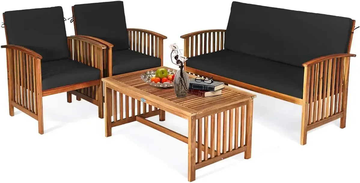 Outdoor 4 PCS Acacia Wood Sofa Set w/Water Resistant , Seating Chat Set w/Coffee Table for Garden, Backyard, Poolside (1, Black)