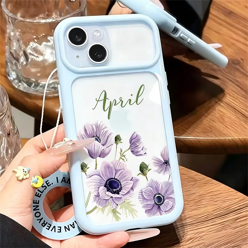 April Purple Anemone Floral Print Phone Case For iPhone 11-17 Series, Large Clear Window Shockproof Soft TPU Cover