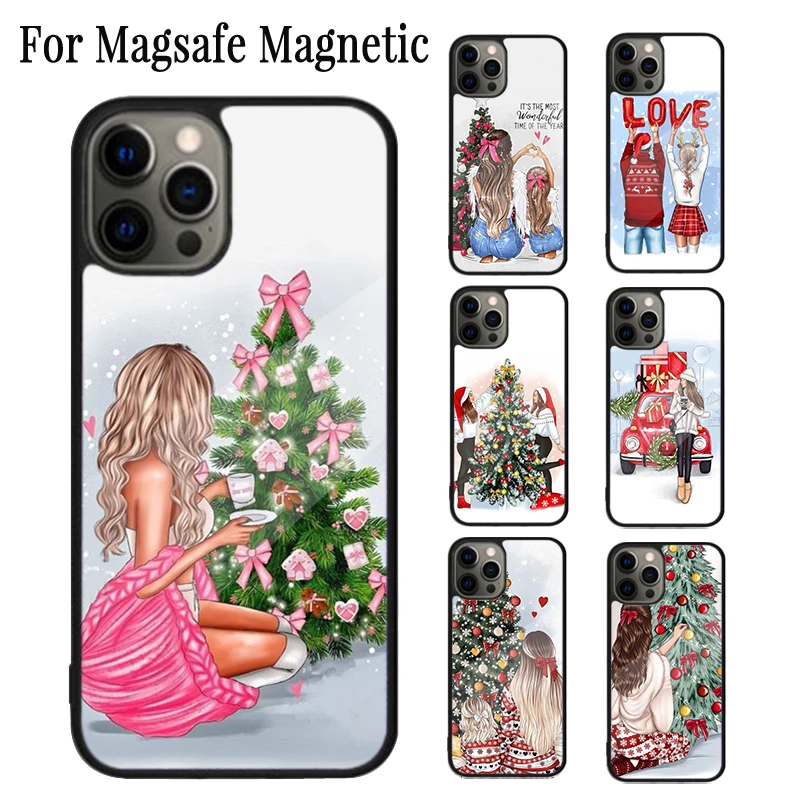 Fashion Girl Merry Christmas Magnetic Phone Case Coque For iPhone 16 15 14 Plus 13 12 Mini 11 Pro Max Magsafe Wireless Charging