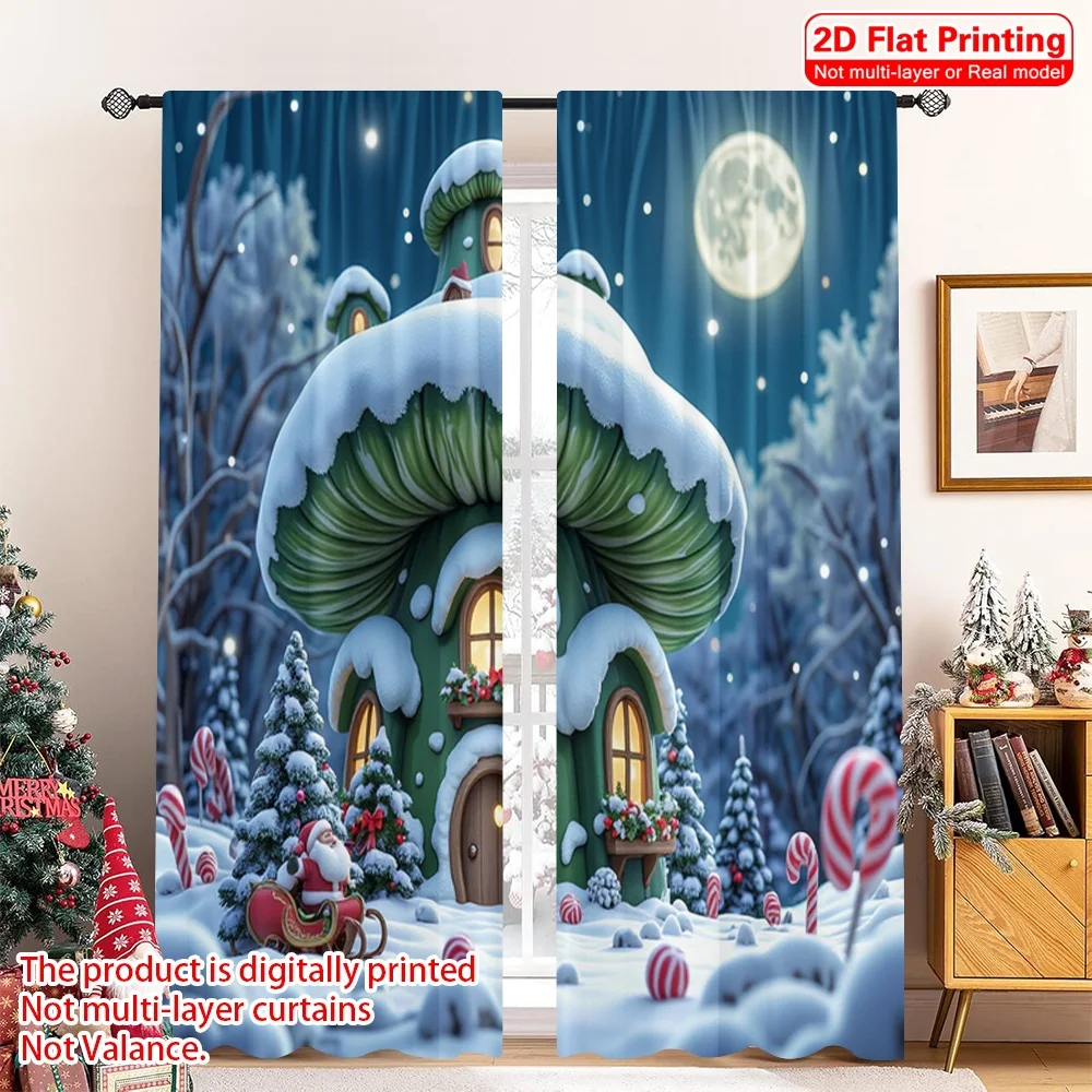 2pcs 2D flat printing Merry Christmas Window Drapes Christmas Elf House Snow Globe Polyester Fabric Without Electricity Party