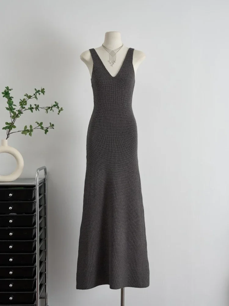 Autumn New Knit Casual Elegant Long Dress Women 2024 Solid Gray Slip Clothing Female Fashion Sleeveless Dresses Banquet Clothing