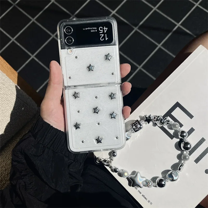 Silver Star Chain เคสโทรศัพท์สําหรับ Samsung Galaxy Z Flip 6 5 4 3 ป้องกันด้านหลังสําหรับ ZFlip4 ZFlip5 ZFlip6 กรณี