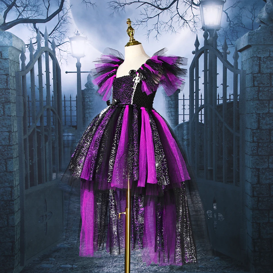 Disney Halloween Maleficent Witch Costume Kids Cosplay Demon Queen Deluxe Trailing Dress Girls Fancy Purple Glam Gown Clothes