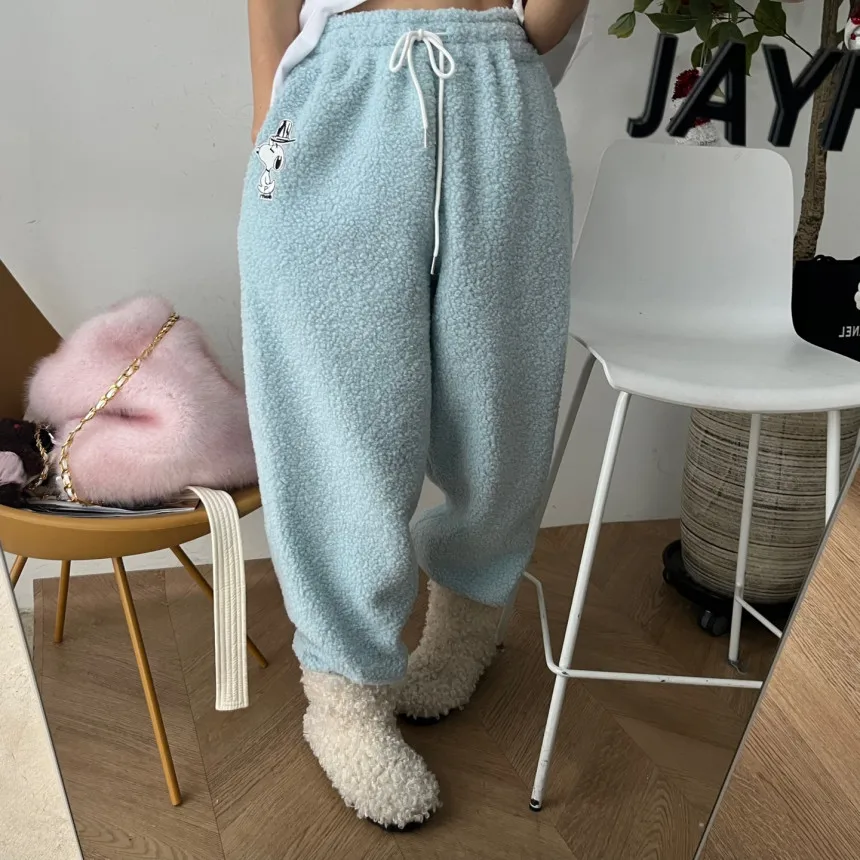 Cartoon Embroidered Polar Fleece Casual Pants Women South korea Drawstring Waist Hugging Slimming Loose Thick Warm Ankle-tied...