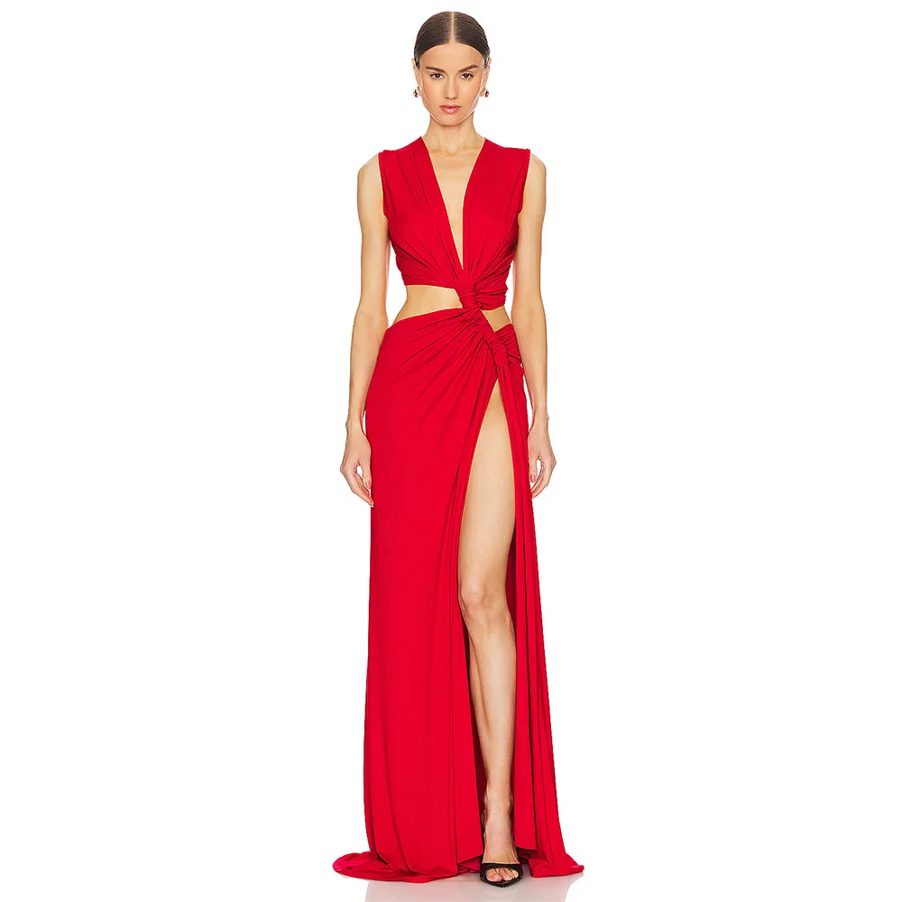 현대 레드 여성 이브닝 가운 라인 공식 댄스 파티 드레스 간단한 바닥 길이 V 넥 파티 드레스 스윕 기차 2025 긴