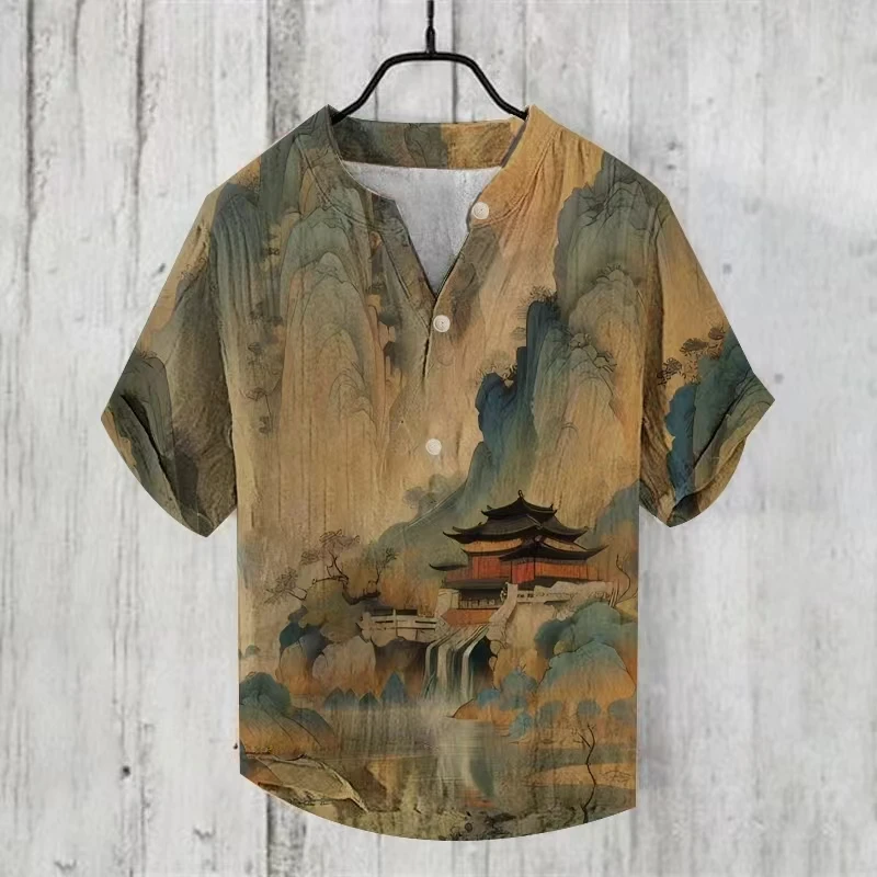 

Tiki Chinese style high mountains and flowing water 3D printed men's shirt loose and casual Hawaiian offshore men's clothing