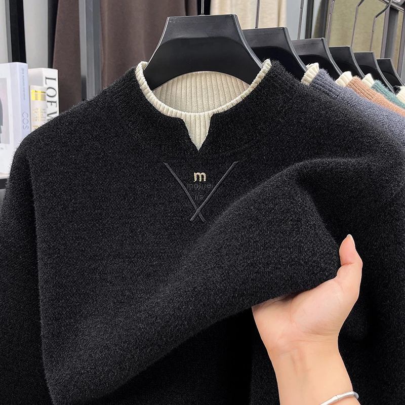 Trend Brand fake two-piece men's sweater autumn winter plush thicken warm comfort round neck letter embroidered knitted pullover
