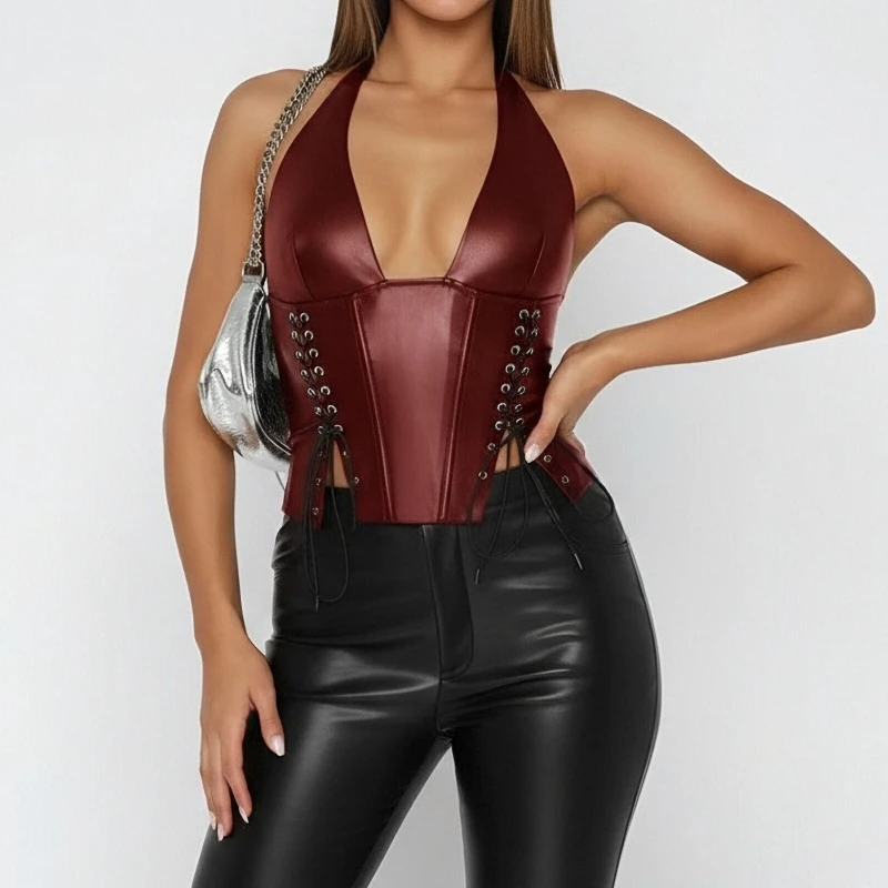 

Pu Leather Trendy Crop Tops for Woman Clothing Tanks Y2k Top Streetwear Sexy Cut Out Bandage Halter 2025