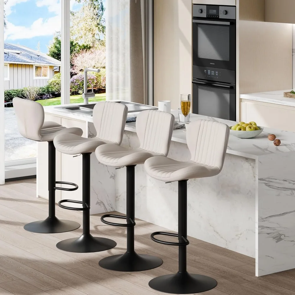 

Bar Stools Set of 4, Modern Swivel Upholstered Bar Chairs, Counter Height Faux Leather Metal Barstools with Back and Footrest