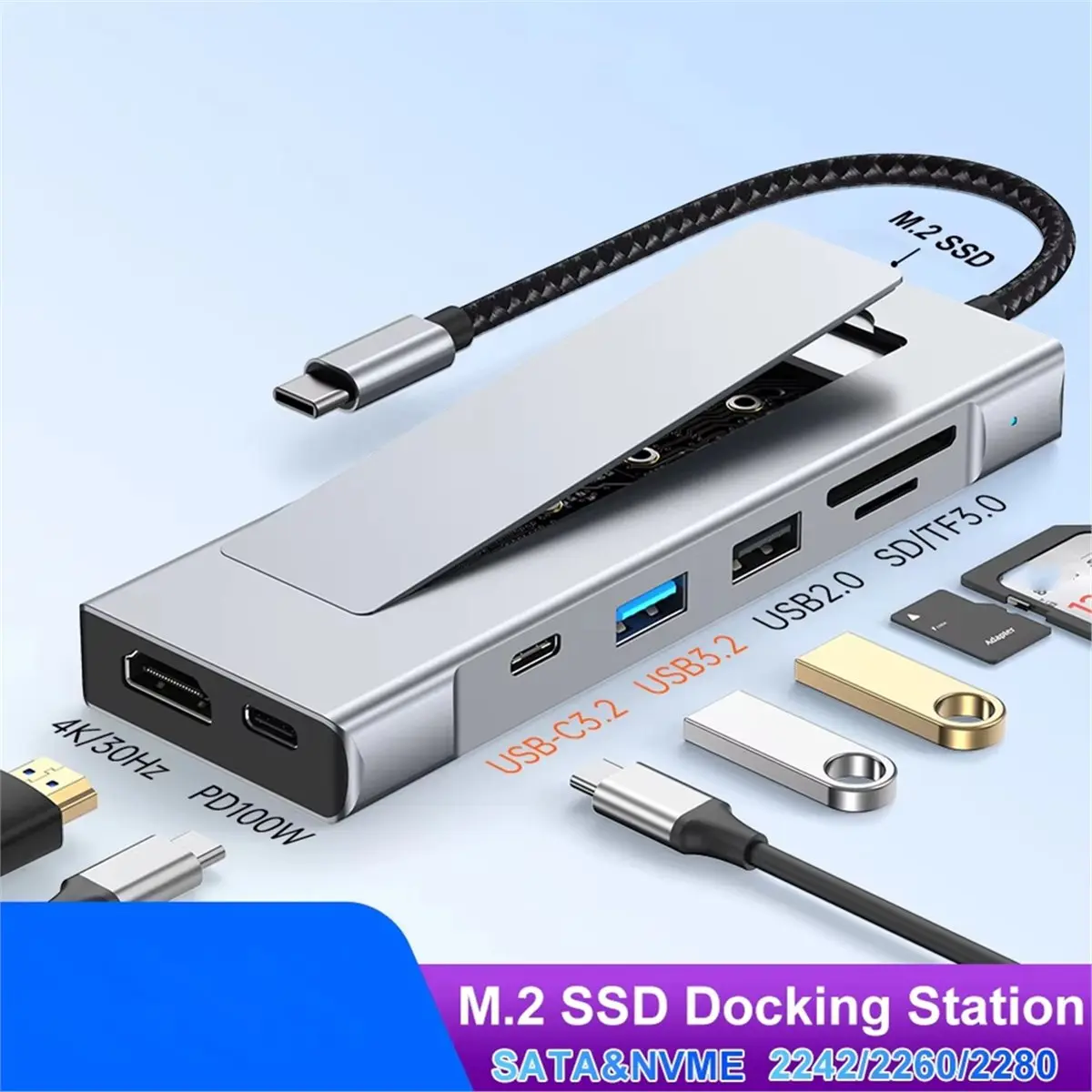 [VALUE PACK] USB Hub M.2 NVMe SATA W/H SSD Enclosure Storage USB3.2 Type-C to -Compatible Laptop Dock Station USB Adapter