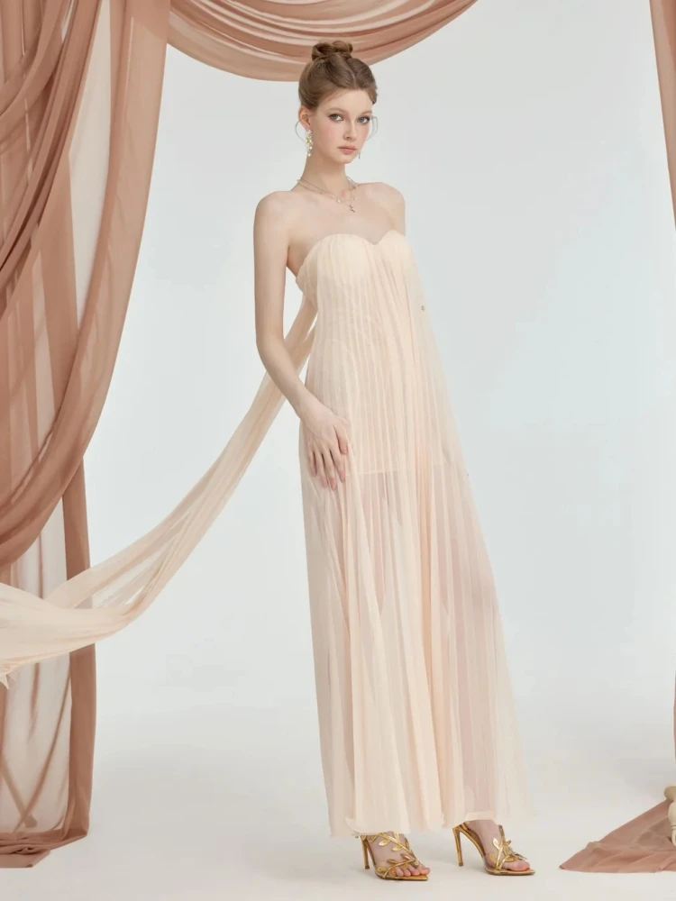 

Sexy Strapless Ribbon Design Pleated Slim Dress Women Sleeveless Backless Folds Long Dresses Holiday Party Evening Gowns