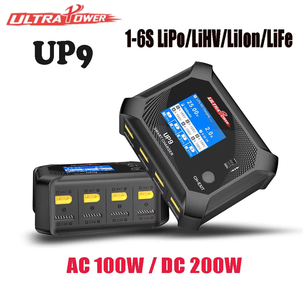 UltraPower UP9 AC 100W / DC 200W 1-6S LiPo/LiHV/LiIon/LiFe Smart Blance Charger Discharger LCD 4Ch Charger for Battery RC Model