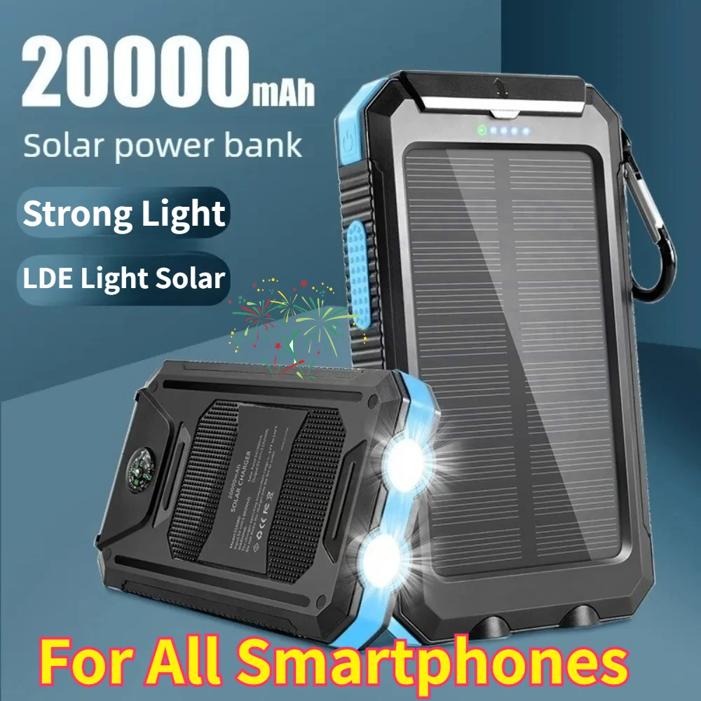 New 20000mAh Portable Charging Power Bank for All Smartphones External Battery Charger Strong Light LDE Light Solar PowerBank