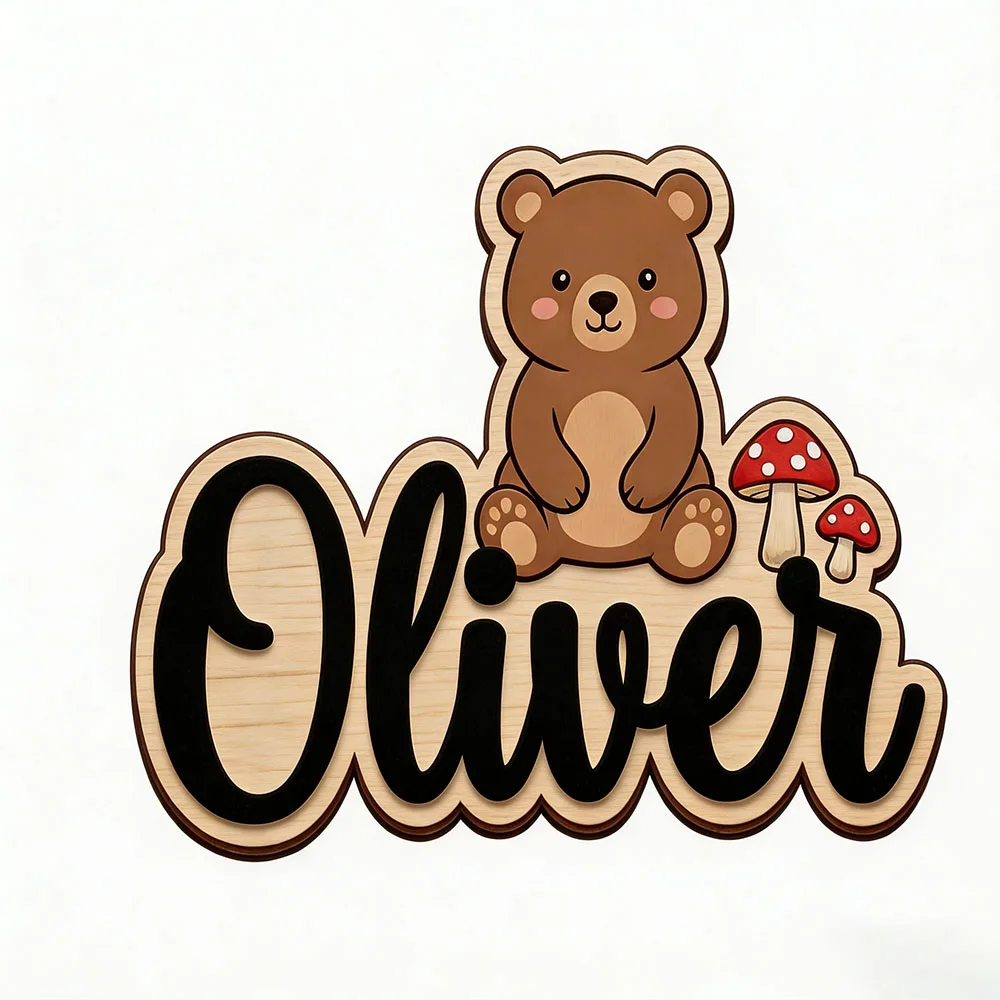 Woodland Bear & Mushroom Custom Name Sign Enchanted Forest Nursery Wall Art Personalized Wooden Plaque for Kids Room