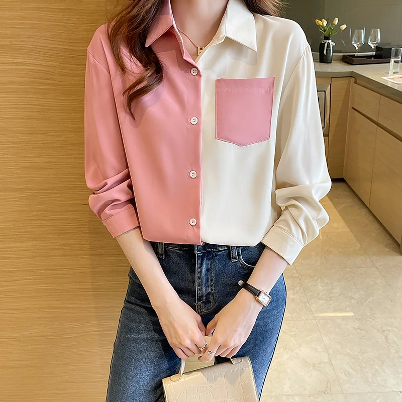 Women Spring Simplicity Loose Fashion Color Blocking Turn-down Collar Long Sleeve Shirts Women Clothes Casual All-match Tops