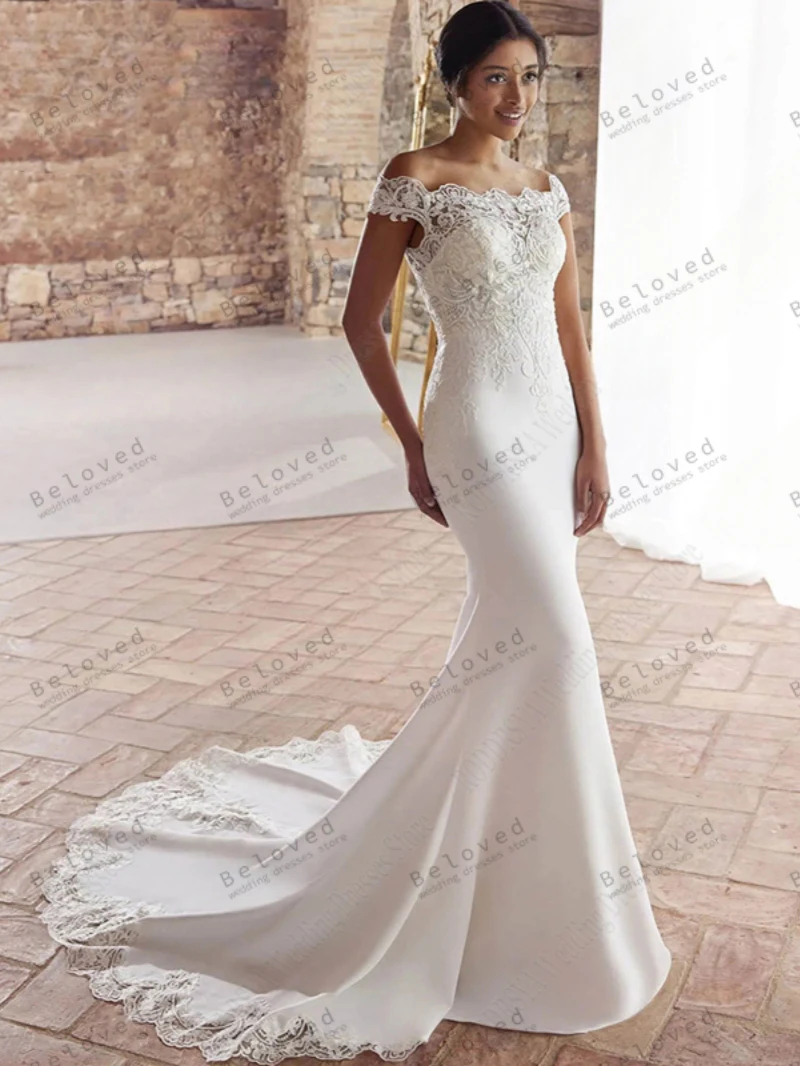 Vestidos De Novia clásicos, elegantes Vestidos De Novia con Apliques De encaje y hombros descubiertos para fiesta Formal, cuello barco