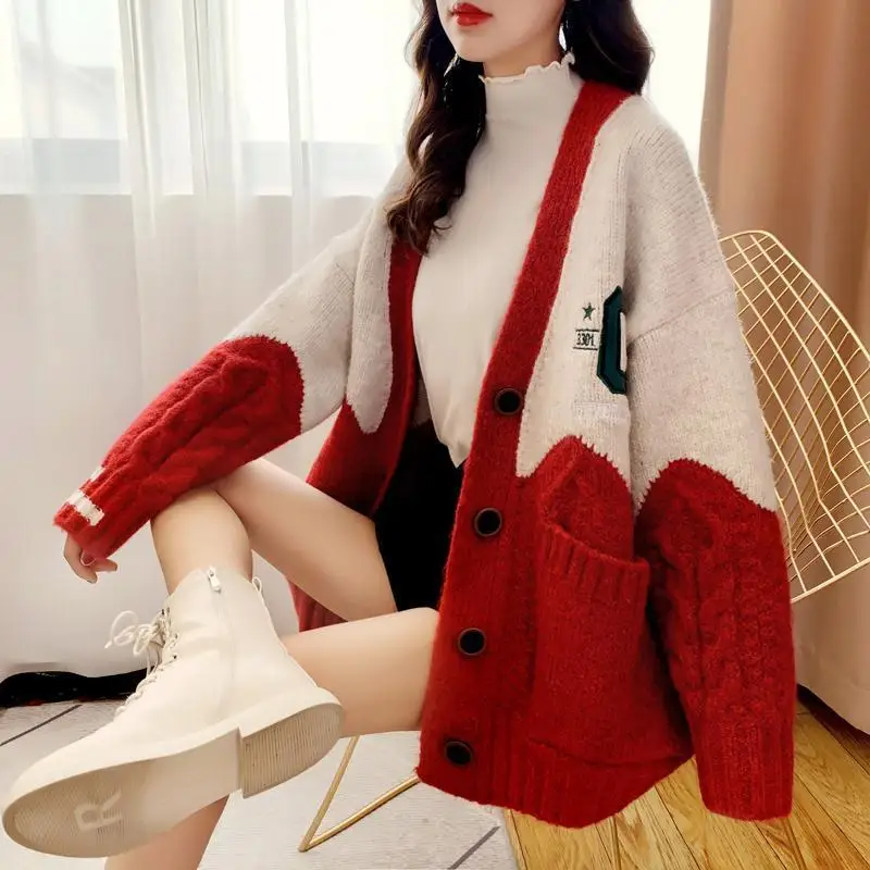 2023 Autumn/Winter New Korean Edition Loose and Lazy Embroidery Network Red Knitwear Mid Length Versatile Cardigan Sweater