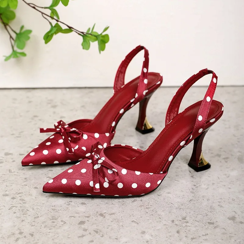 

Polka Dot Satin Bow Slingback Women's Sandals Summer 2026 Pointed Toe Pumps and Heels Elegant Dress Shoes Sandalias De Mujer