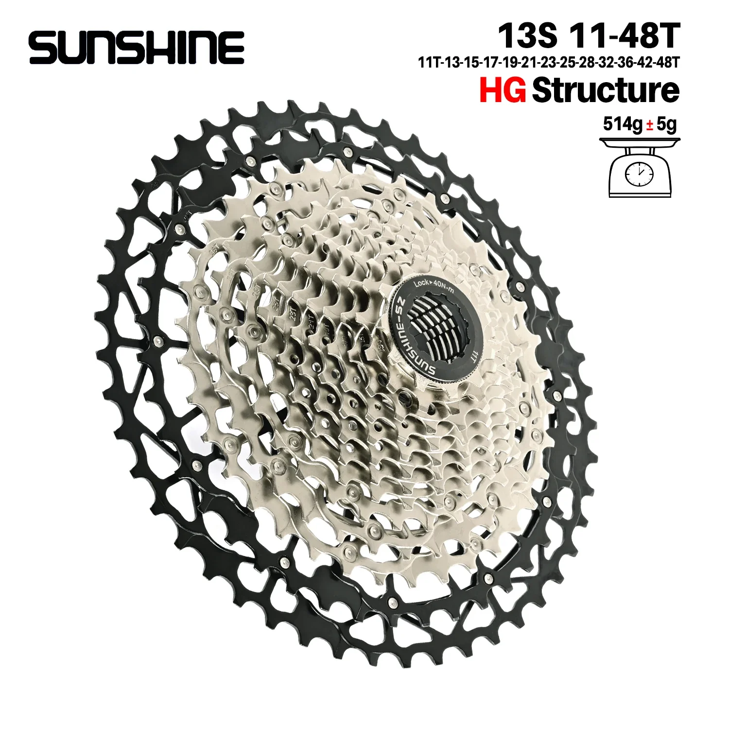 SUNSHINE Ultraleichtes Fahrradkassetten-Freilauf, Kohlenstoffstahl, Material 9/10/11/12/13 Geschwindigkeit, HG-Struktur, Kettenrad für Mountainbike