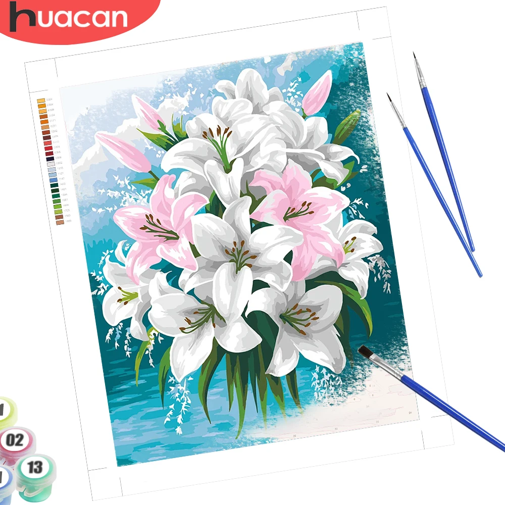

HUACAN абстрактные картины, краски по номерам на холсте, цветок лилии, современное искусство ручной работы, домашний декор, красочный холст
