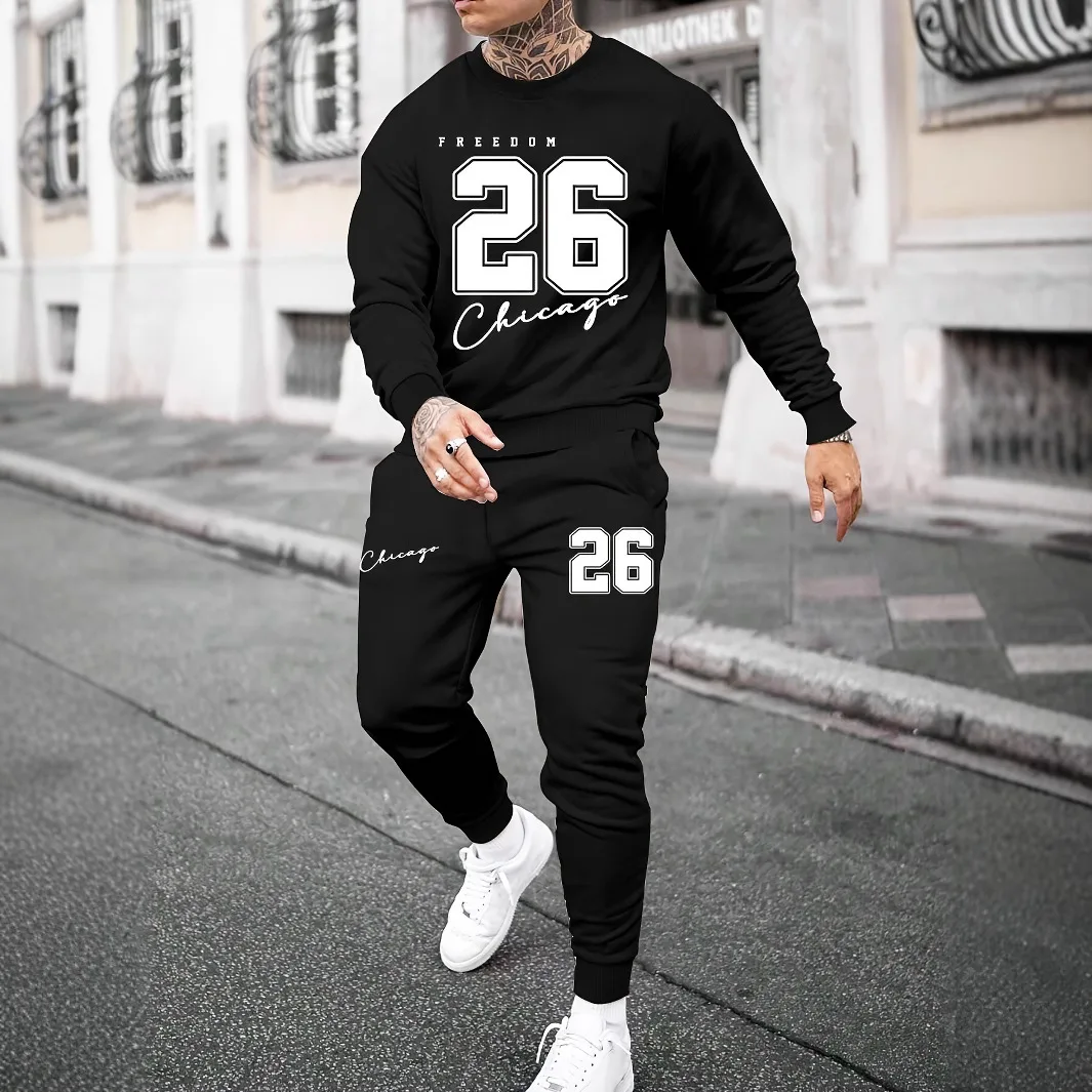 

Mens Autumn 3D Print Tracksuit Fashion Casual Crewneck Sweatshirt Pants with Gradient Letter Print Cross Border