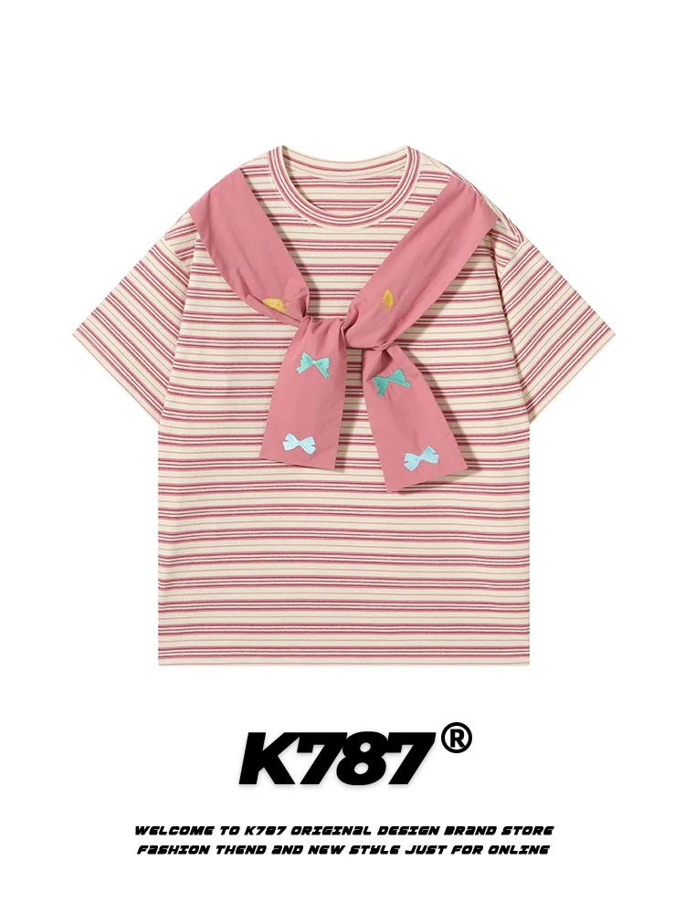 

K787 Sweet Sister Fun Bow Tie Embroidered Striped ort Sve T-irt Women Loose Lazy Casual f Sve Top Cotton Blend