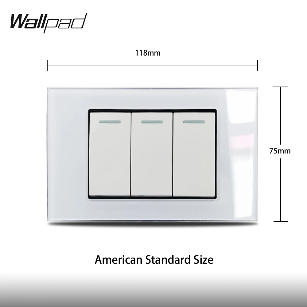 US 3 Gang 1 Way 2 Way On Off Light Switch Wallpad L3 White Glass Wall Panel 118*75mm AU IT IL Push Button Rocker Pass Switch 6M