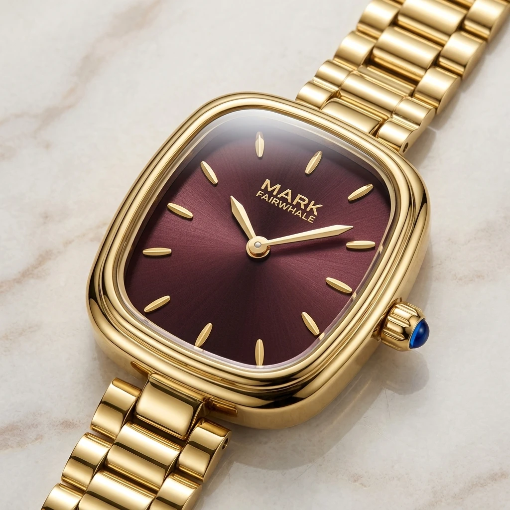 Mark Fairwhale Elegant Ladies Quartz Watch Cushion Oval Case Sunburst Dial Stainless Steel Strap Female Wrist Watch