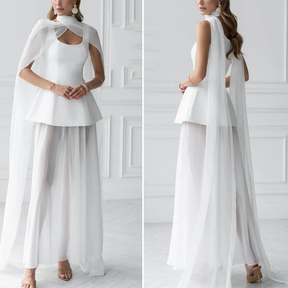 

Classic White Prom Dresses Floor Length A-Line O-Neck Sleeveless Elegant Fashion Banquet Formal Party Wedding Gown Women