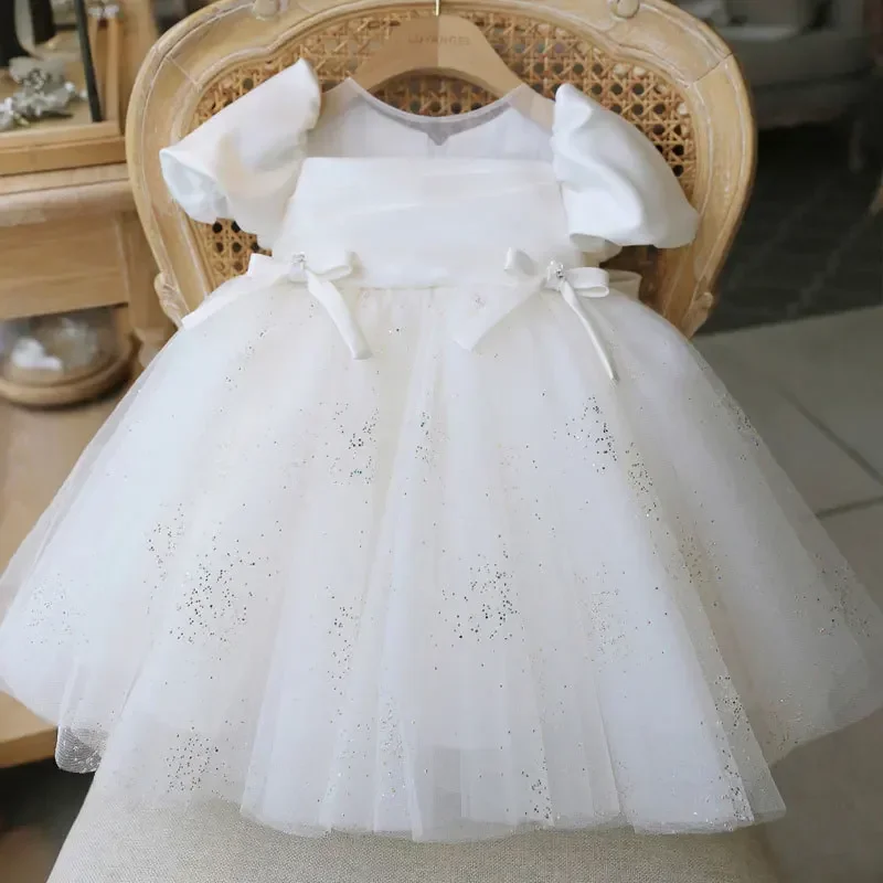 

2025 Girls Birthday Party Dress White Puffy Tulle Princess Gown Sweet Bow Cute Formal Outfi