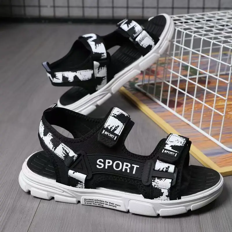 

Men's Summer New Open Toe Outdoor Beach Sandals Soft Sole Non Slip Breathable Big size Canvas Print Velcro Casual Sports Sandals
