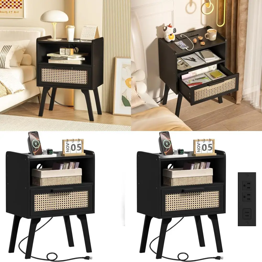 

Black Rattan Nightstand with Charging Dock, Drawer and Shelf, Solid Wood Leg Side Table for Bedrooms and Compact Spaces