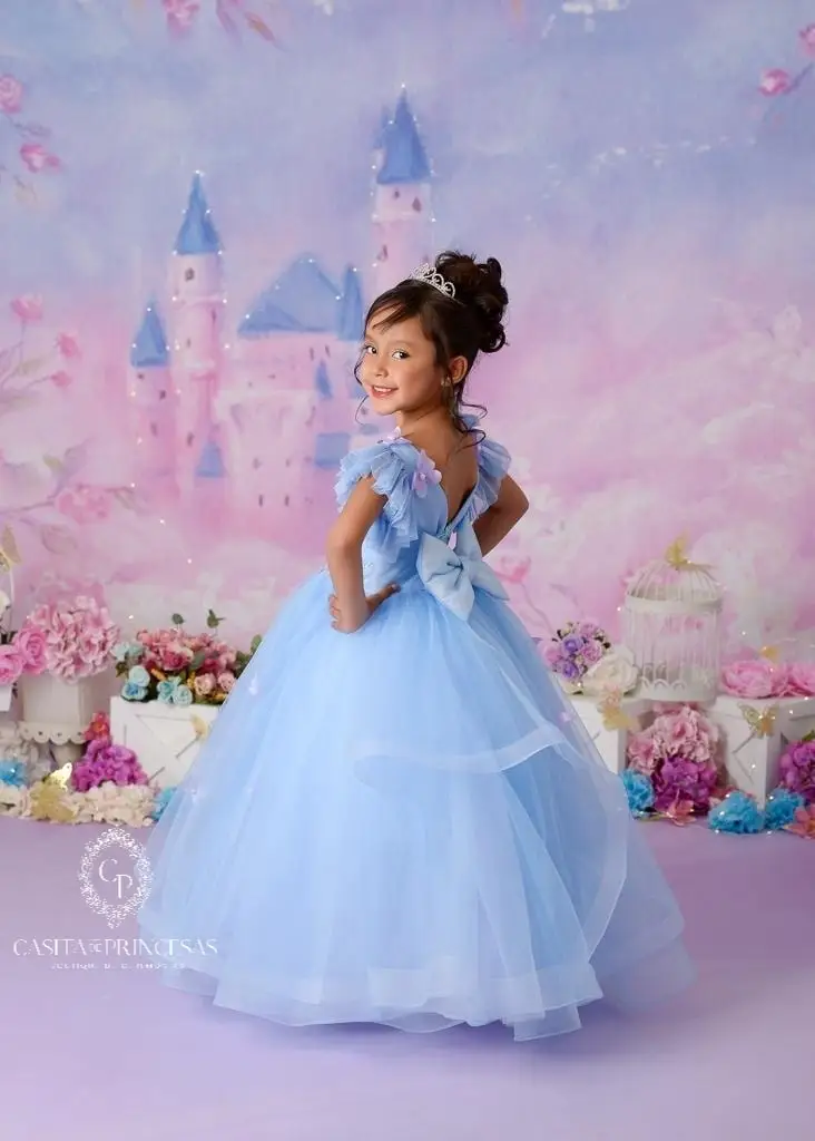 Princess Blue Flower Girl Dresses Ball Gown Little Baby Toddle Girl Christmas Pageant Birthday Ball Gowns Christening Dress