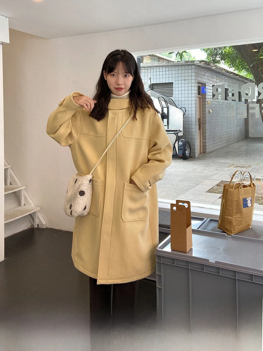 

Женское модное ветрозащитное пальто из длинной шерсти с хлопком и капюшоном, на пуговицах, прямого кроя, для повседневной носки