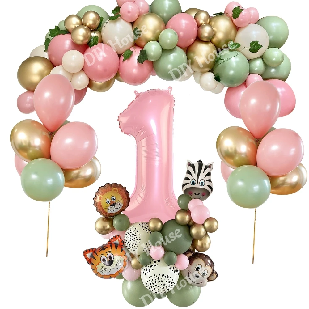 

1set Animal Themed Party Balloon Tower for Girl's Jungle Forest Birthday Party Decorations Wild One Pink Balloons DIY Supplies