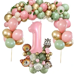 1set Animal Themed Party Balloon Tower for Girl's Jungle Forest Birthday Party Decorations Wild One Pink Balloons DIY Supplies