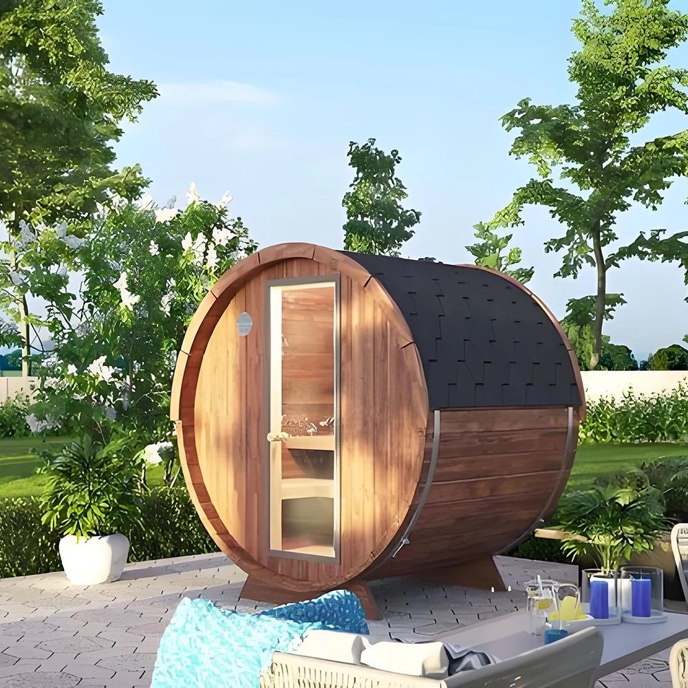 6-Person Outdoor Sauna Room, Red Cedar Solid Wood Traditional Wet Steam Sauna House, Electric Square Home Spa for Garden