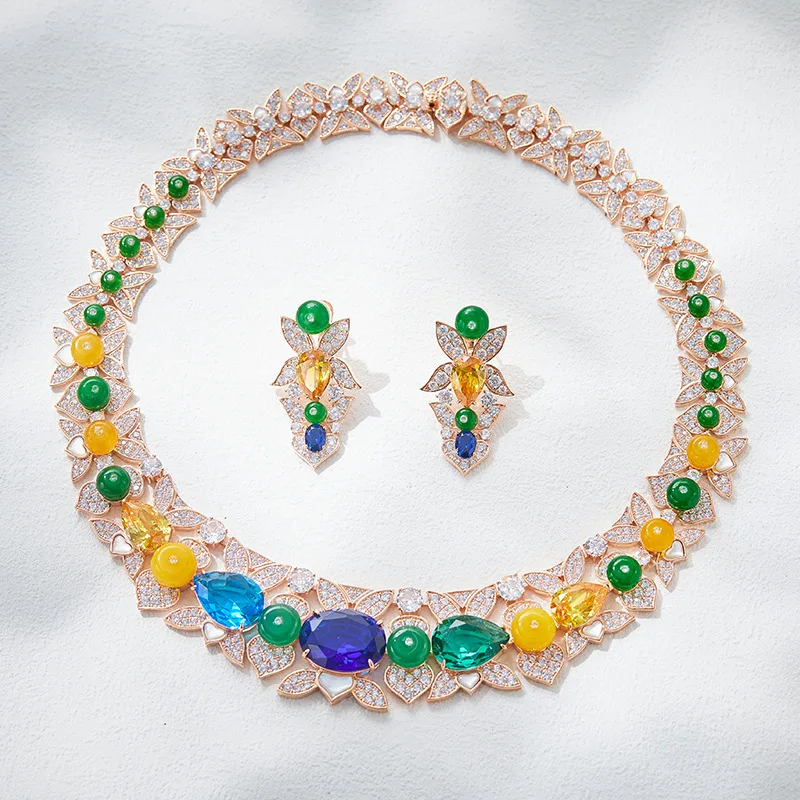 

925 Sterling Silver Big Gemstone Necklaces Earrings Jewelry Sets For Women Wedding Party Fine Jewelry