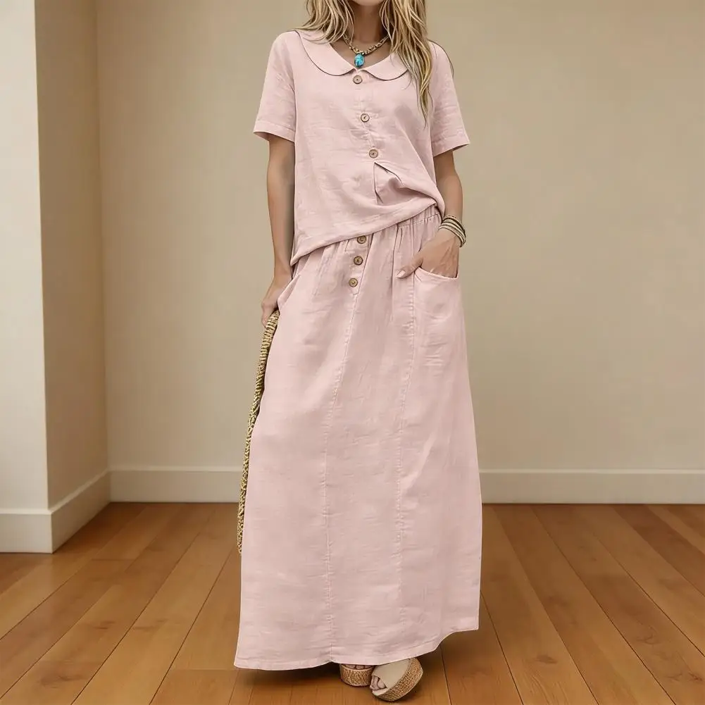 

Women's 2 Piece Skirt Set Cotton Linen Short Sleeve Top And Maxi Skirt Matching Sets Summer Casual Vacation Outfits with Pockets