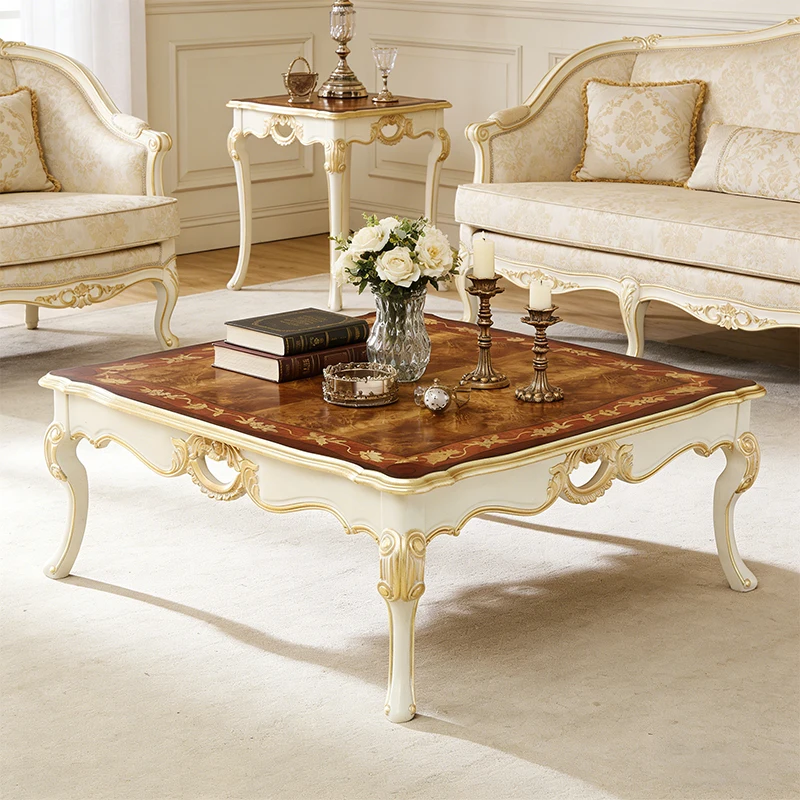 !@Customization Classical Antique Furniture Home Coffee Table Luxury Wood Veneer Square Solid Wood Center Table for Living Room