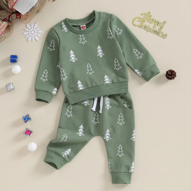 Christmas Baby Boy Pant Sets Christmas Tree Print Long Sleeve Sweatshirt Tops and Bottom Sets Baby Items Clothing