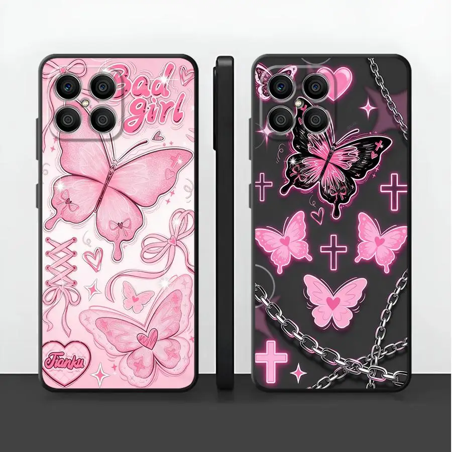 Étui papillon rose et noir pour Honor 200 400 Lite X9a 8X X8 X7 X6 70 X5b 90 Magic5Lite, coque de téléphone Funda