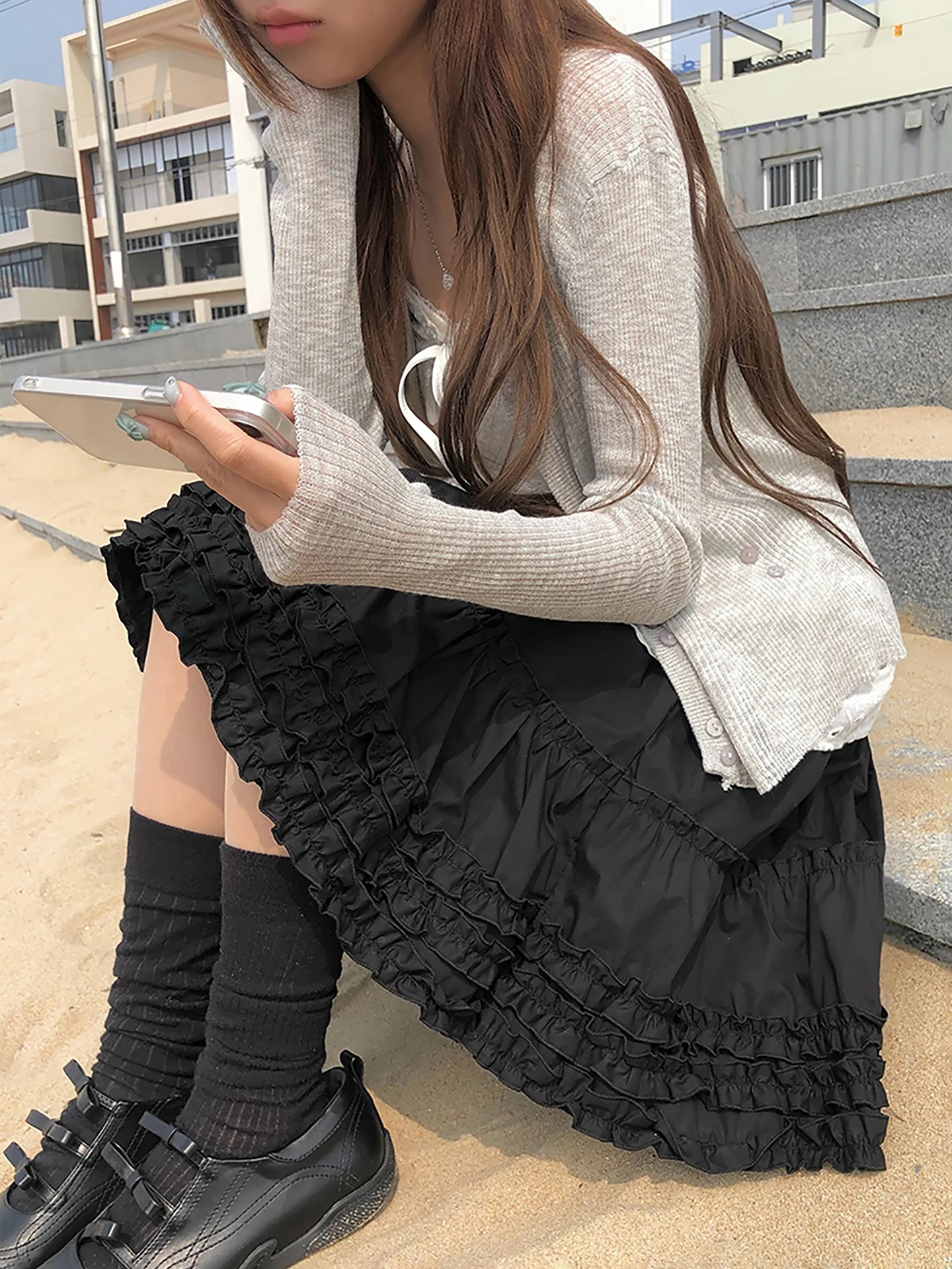 

Юбка-трапеция в японском стиле с рюшами и клетчатым узором, ретро-дизайн, высокая талия, стройнящая, универсальная, многоярусная, для женщин