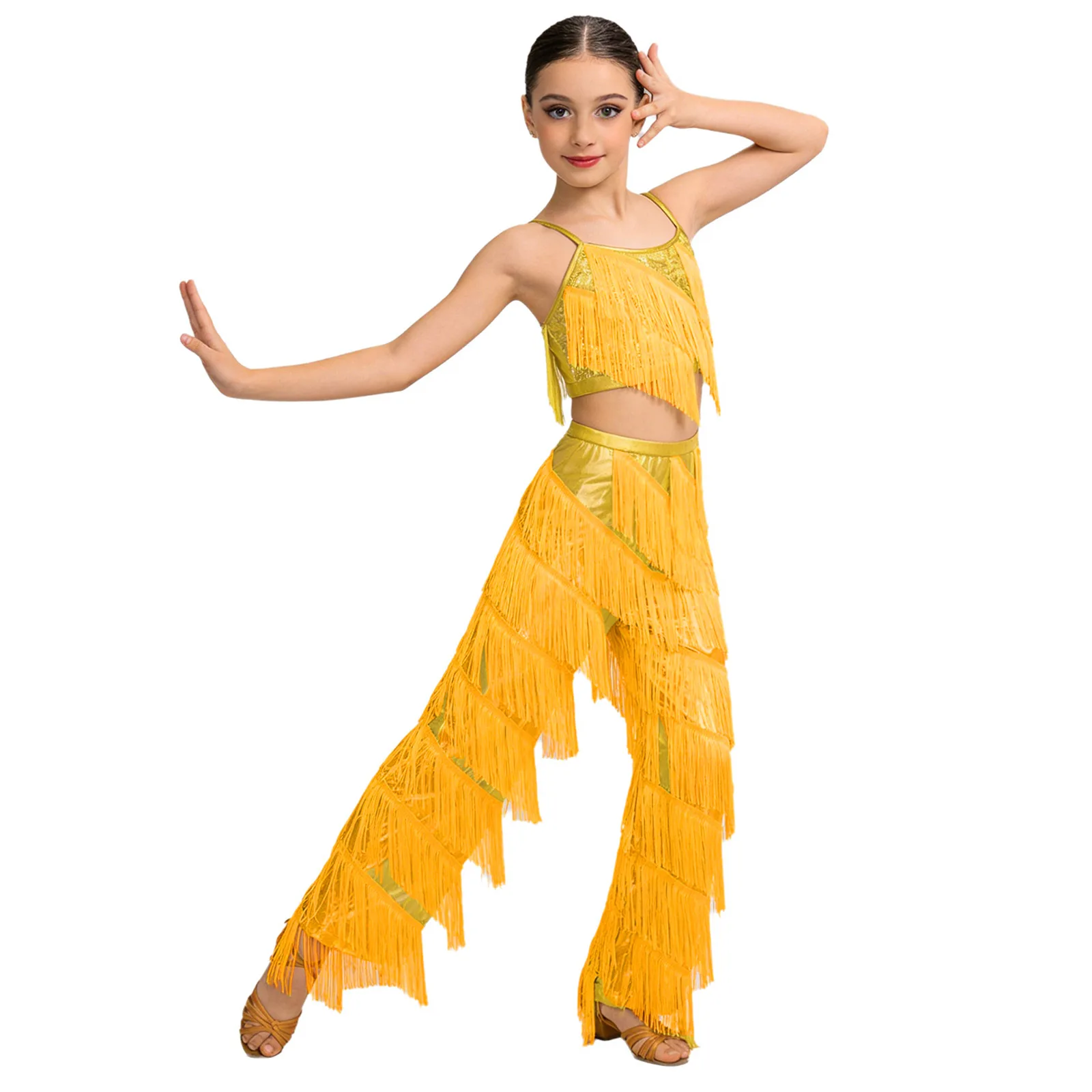 

Kids Girls Tassel Latin Salsa Dance Performance Costume Modern Salsa Ballroom Dance Outfits Fringe Camisole with Metallic Pants