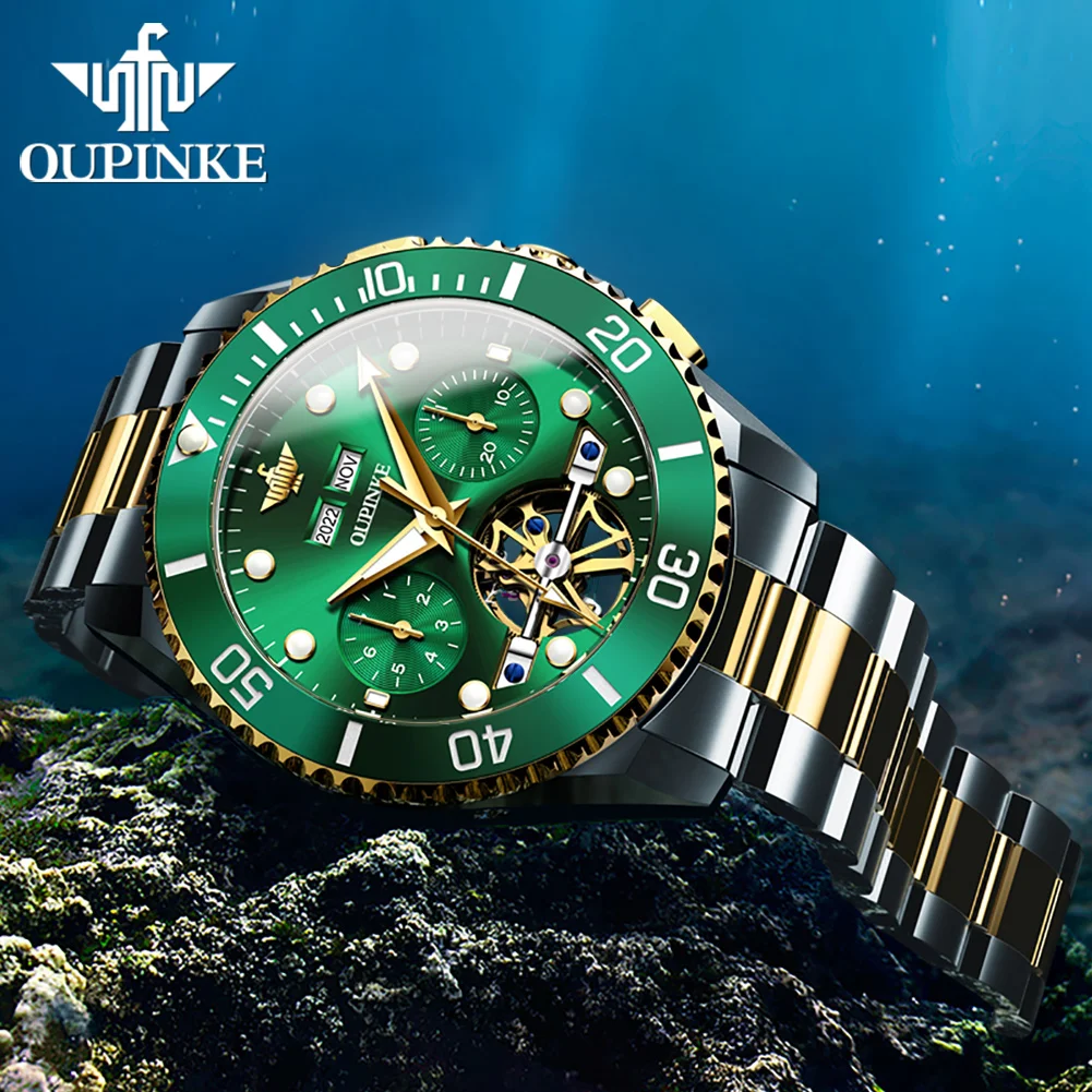 OUPINKE Sports Diving Watches Top Luxury Original Chronograph Automatic Mechanical Watch for Men (Green Water Ghost Series) 3229