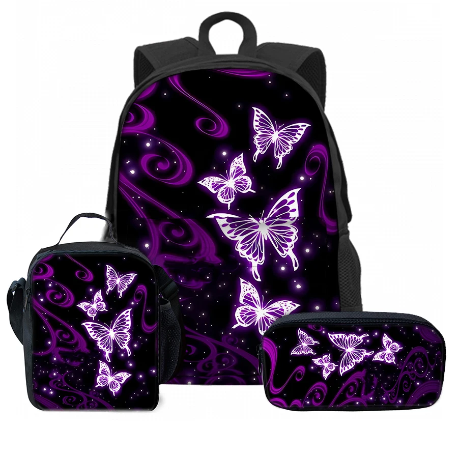 3 Pcs Set Simple Butterfly Lunch Bags ,Pen Bags ,Front Bag Backpack For Boys/Girls Children Best Gifts 2D Cartoon School Bag