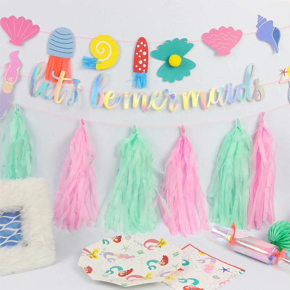 

3Pcs Mermaid Paper Pull Flag Birthday Party Hanging Decor Cartoon Bunting for Wall Ceiling Outdoor Indoor Kids Festival