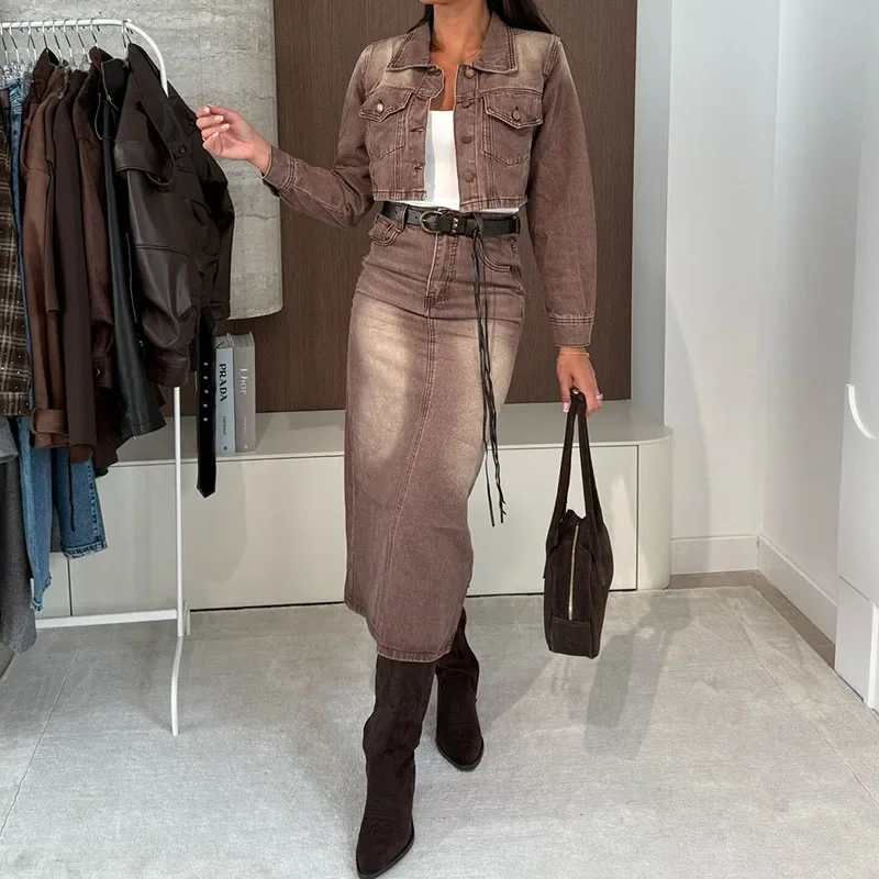 

Fashion Lapel Collar Button Coat + Half Skirt Set Women Casual Long Sleeve Solid Denim Outfit Elegant Hight Street Slim 2Pc Suit