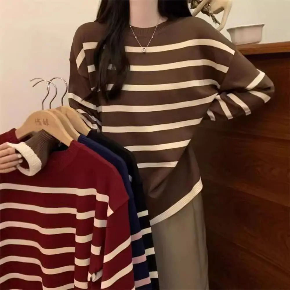 

Простой тонкий трикотажный пуловер с V-образным вырезом, длинными рукавами, полосатым узором, лацканами в стиле Y2K, в стиле пэчворк, облегающий, женский