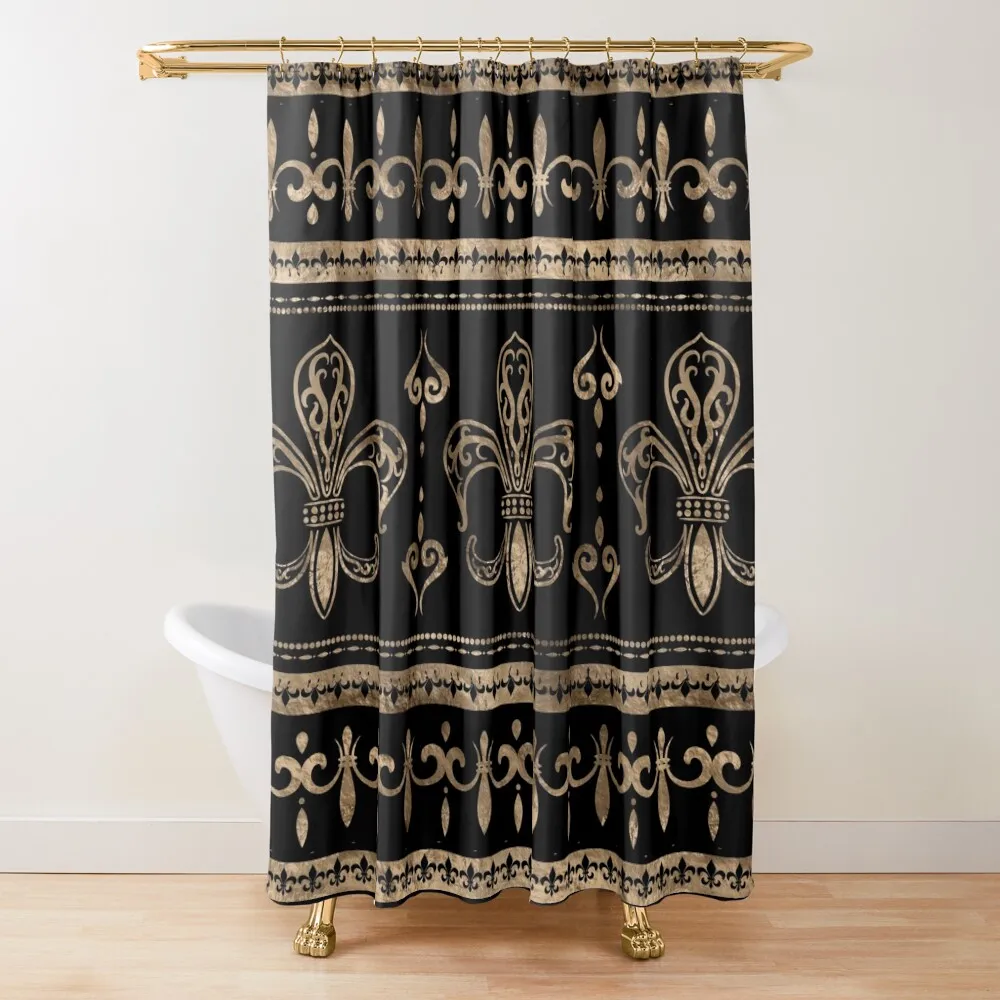 

Fleur-de-lis Luxury ornament - black and gold #2 Shower Curtain Shower Bathroom Bathroom Showers Shower Waterproof Curtain